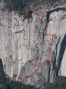 red line follows the climbing route, rated as 5.7 A0